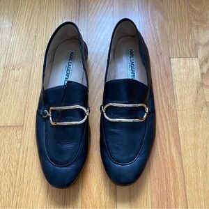 Karl Lagerfeld Black Leather Loafers with Gold Accent